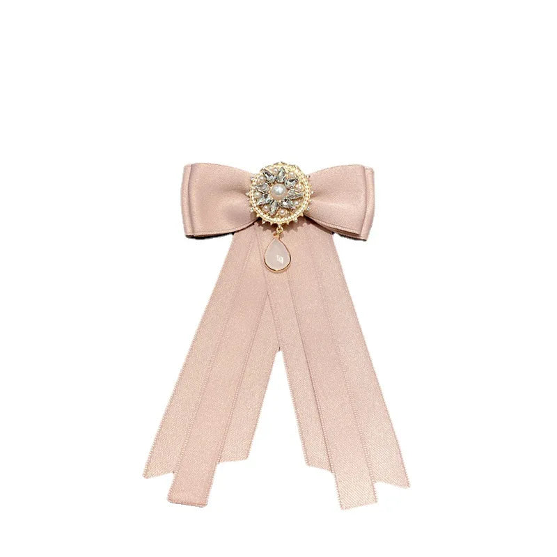 Ribbon Fabric Bow Tie Brooch - Crystal College Style Collar Pin