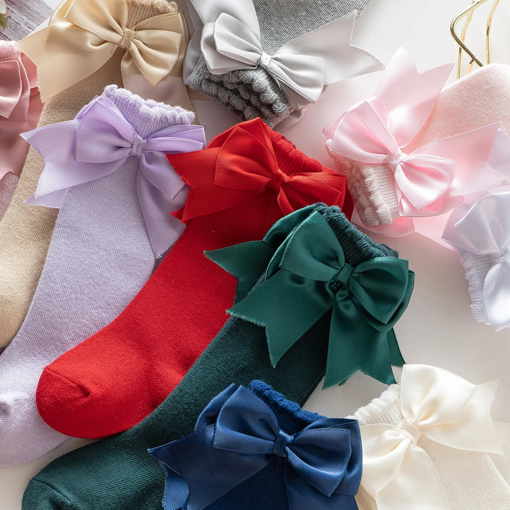 10 Colours Baby Girls Autumn Stockings 0-2Y Solid Mid-Calf Length with Bowknot