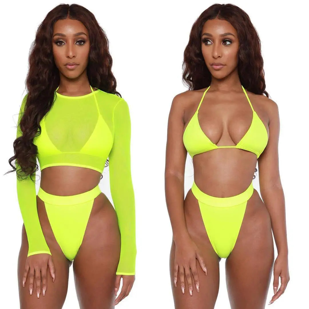 Neon Crop Top Mesh Long Sleeve Cover Ups Top Three Piece Swimsuit Bikini Set