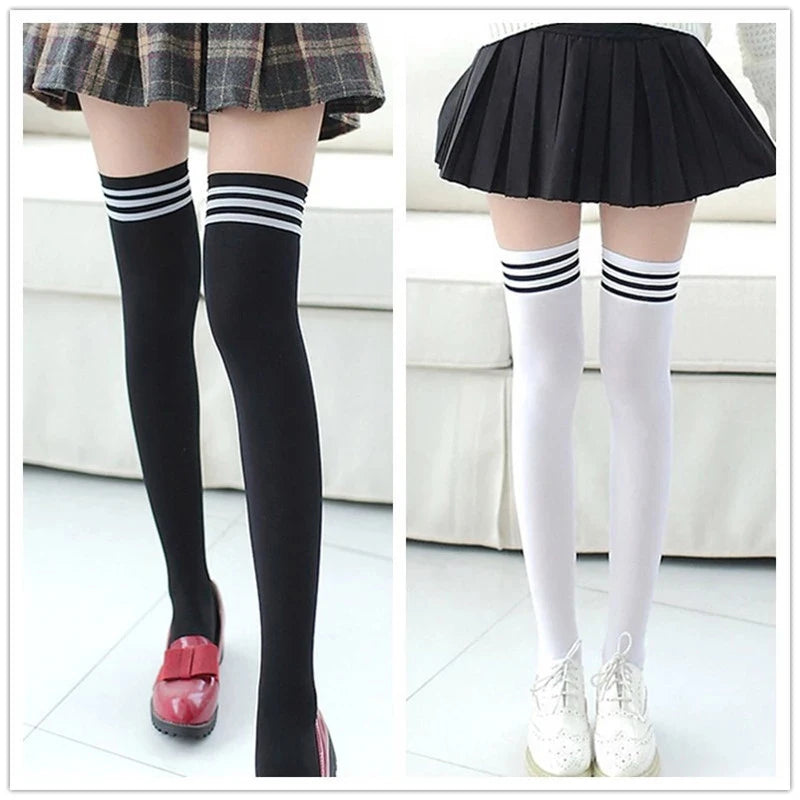 Women's Black White Striped Long Socks - Over Knee Thigh High Over The Knee Stockings Warm Knee Socks