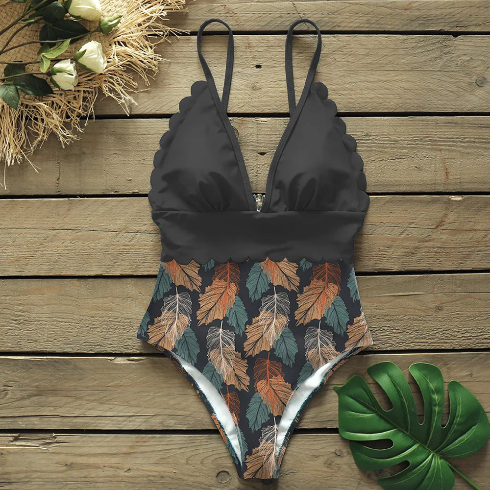 Women's One-piece Swimsuit  Deep V neck Back Cutout Ruffle Summer Swimwear