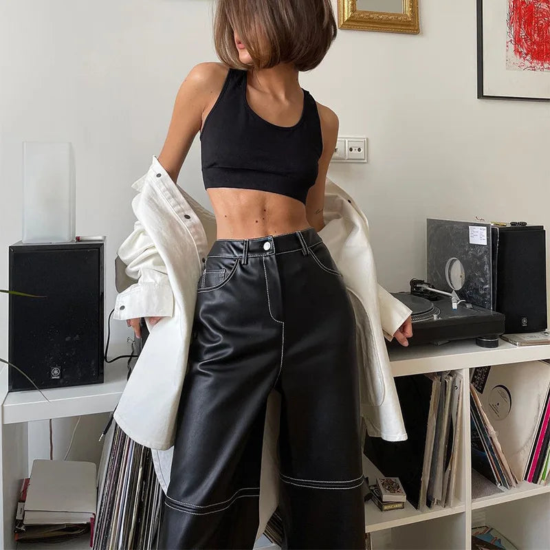 Women Black PU Leather Wide Leg Trousers