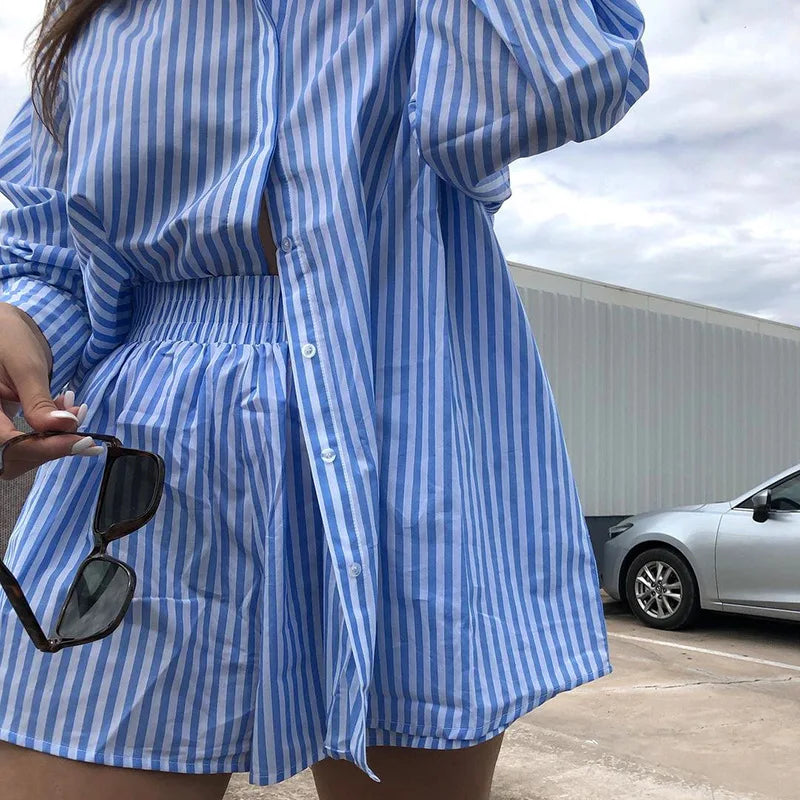 Women's Striped Blouse Shirts and Shorts Matching Set Loose Shirt Sleeve Top Outfits Summer Set