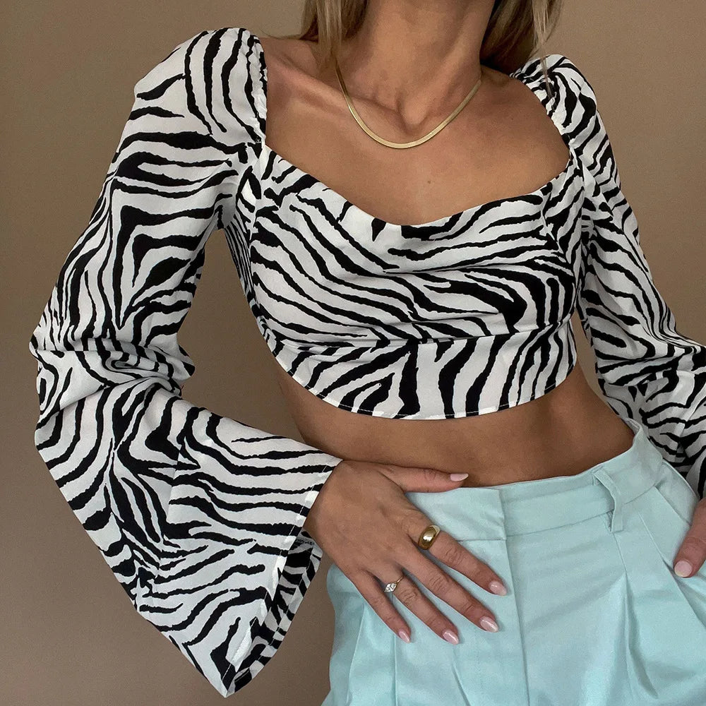 Women's Zebra Print Elegant Backless Lace Up Blouses - Long Sleeve Crop Top