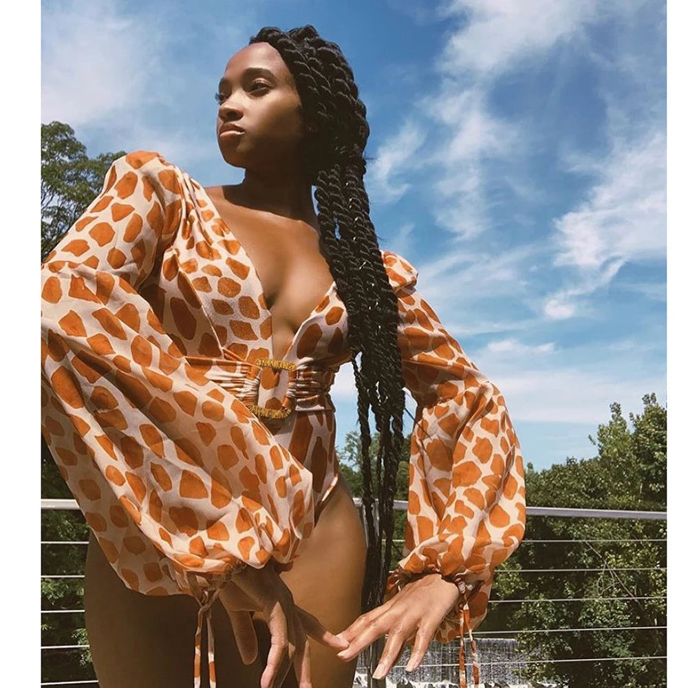 Women's Summer Vintage One Piece Swimsuit Long Sleeve Swimwear