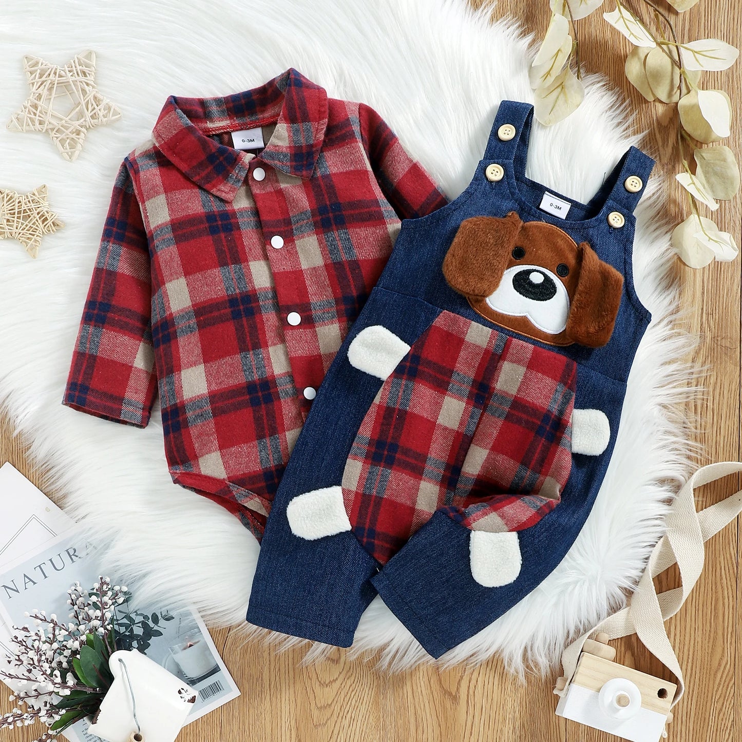 Baby Boys Gentleman Clothes Set 2pcs - Plaid Printed Shirts Romper Babygrow Cartoon Bear Overalls Pants