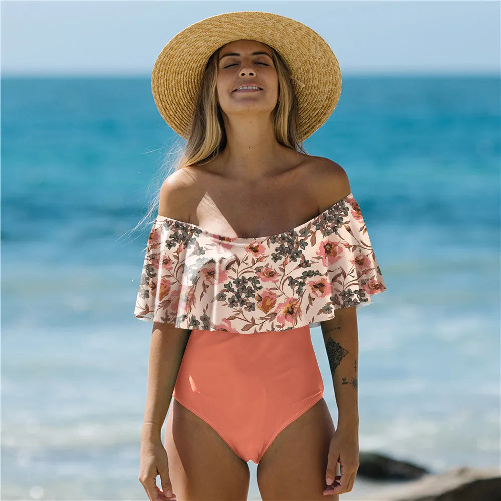 Women's Ruffle Swimwear One Piece  Off Shoulder Bodysuit Push Up Swimsuit