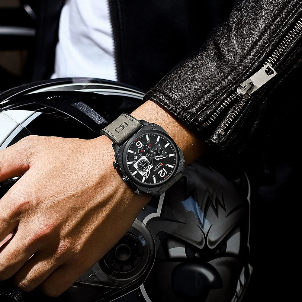 Men's Military Sports Watch - Leather Strap Chronograph Quartz