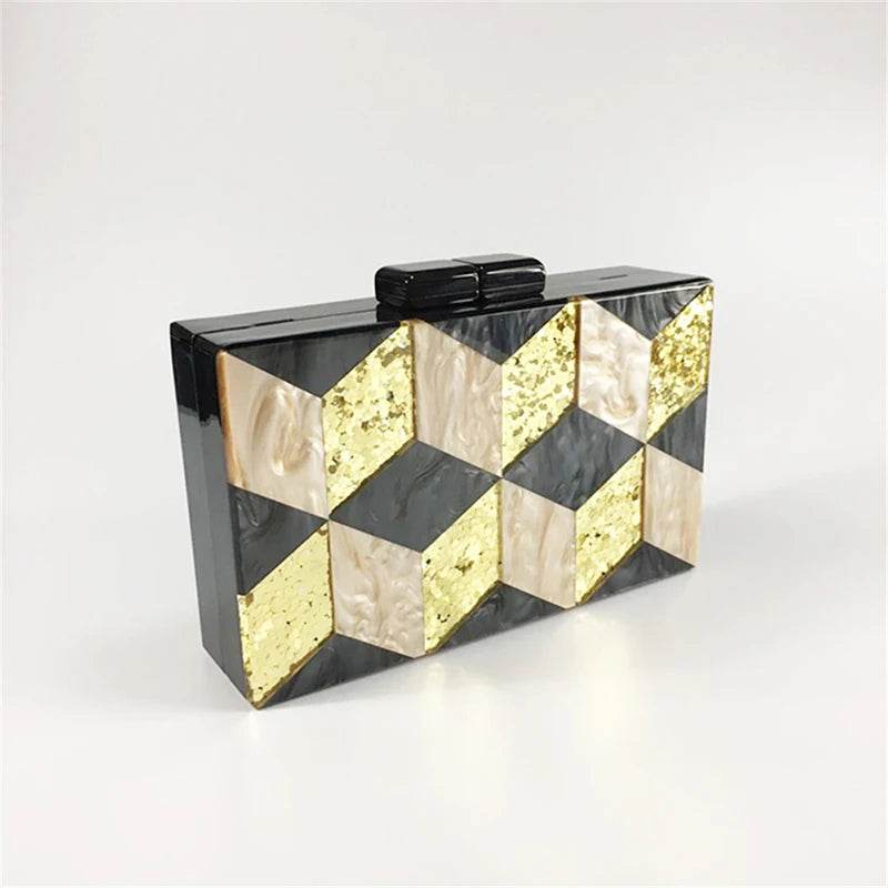 Stylish Black & Gold Glitter Rhombus Acrylic Evening Clutch - Luxury Party Chain Shoulder Bag