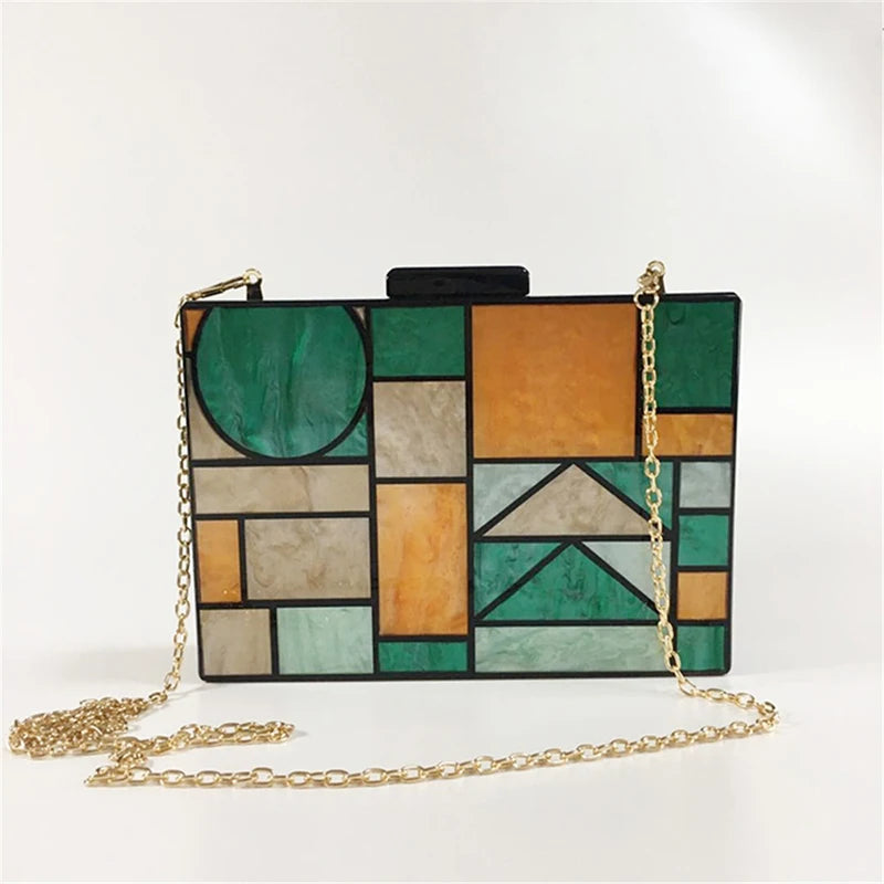 Luxury Acrylic Evening Bag - Chic Multicolour Patchwork Crossbody Clutch with Chain