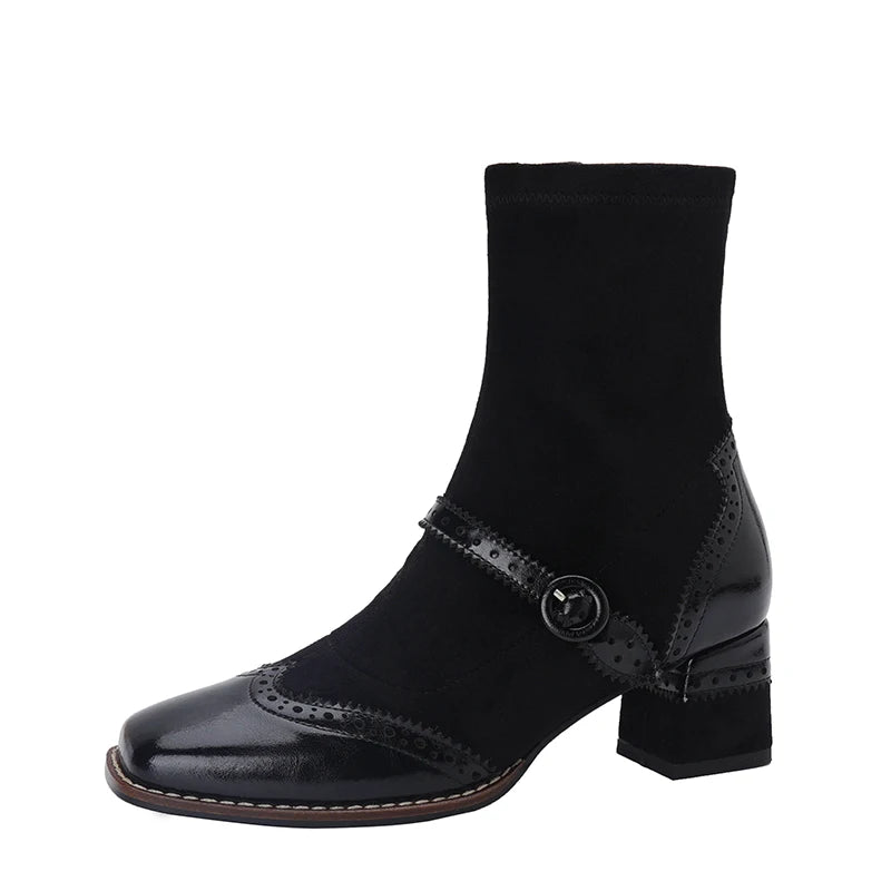 Women's Genuine Leather Buckle ZIP Brogues Retro Round Toe Thick Heel Ankle Boots