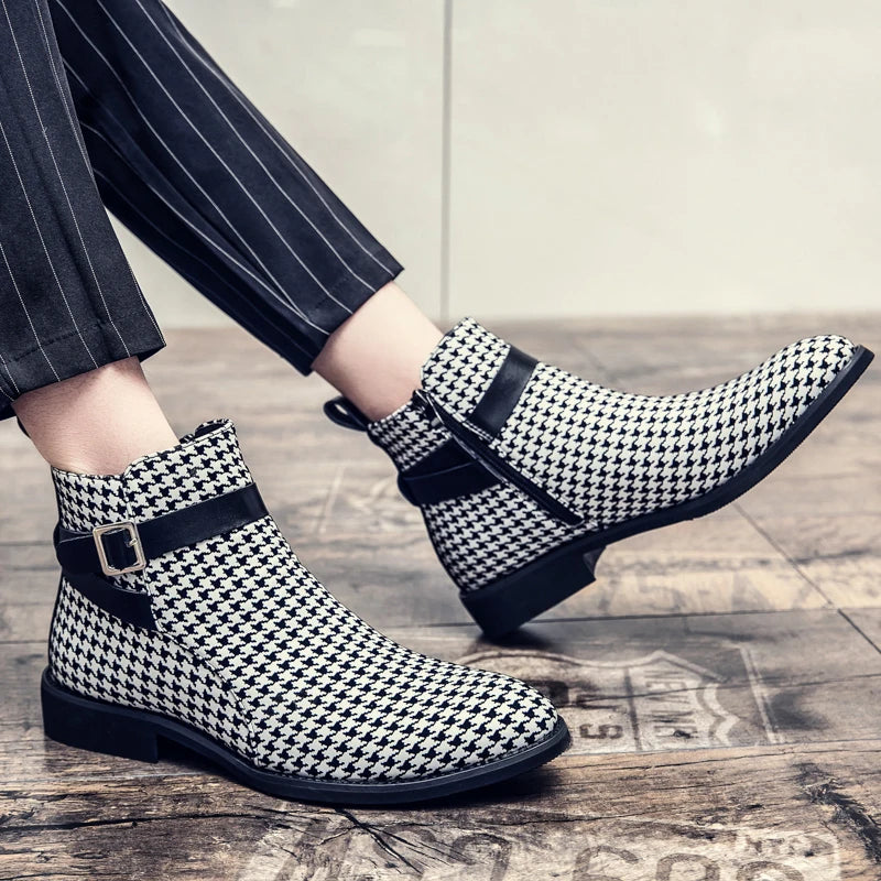 Men's Houndstooth Ankle Boots - Leather Buckle Dress Shoes