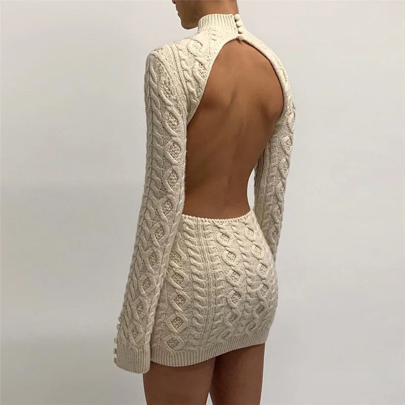 Women's Twist Knitted Long Sleeve Backless Mini Dress