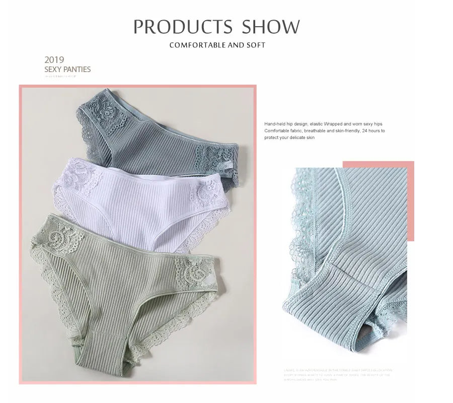 Women's Cotton Underwear 3-Piece Set - Low-Rise Lace Trim Briefs