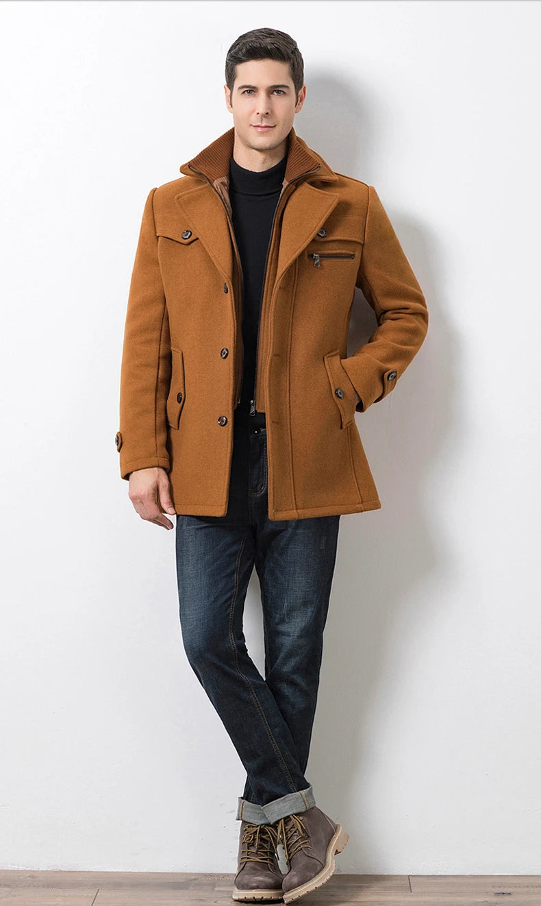 Men's Wool Medium Trench Thicken Windbreaker Overcoat Jacket