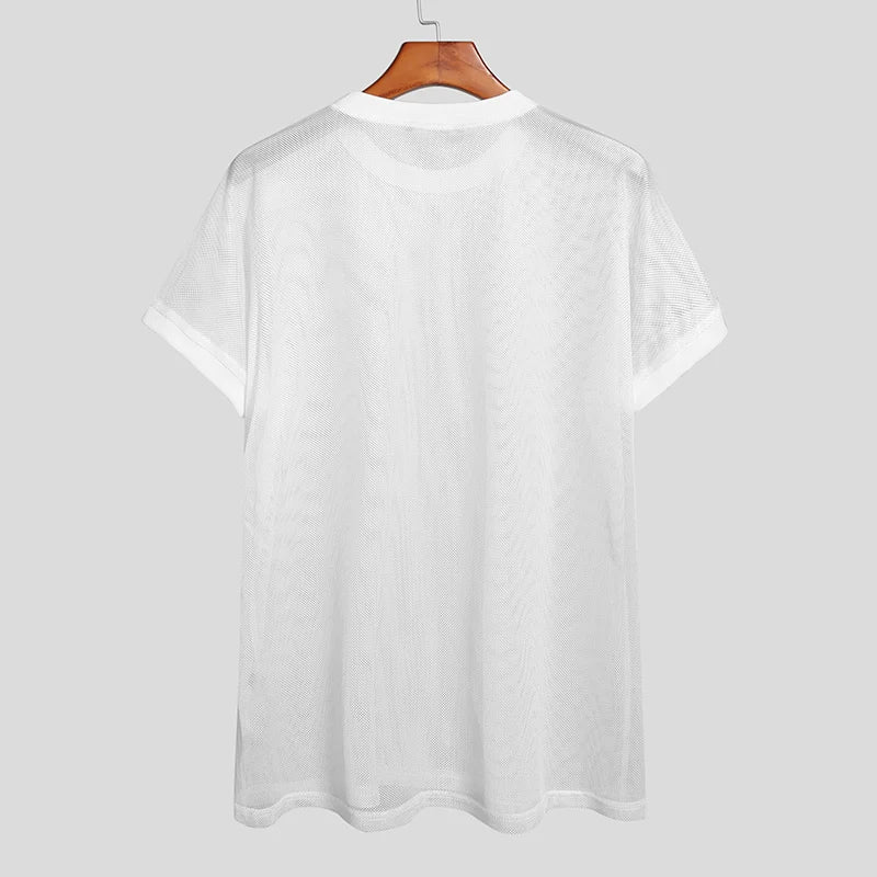 Men's Round Neck Short Sleeve Mesh Transparent T-Shirt