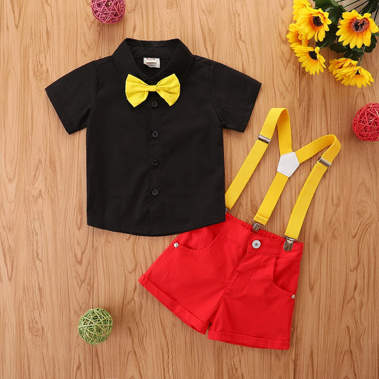 0-5Y Summer Infant Baby Boys Gentleman Clothes Sets Solid Short Sleeve Shirts With Bow Tie Bib Shorts