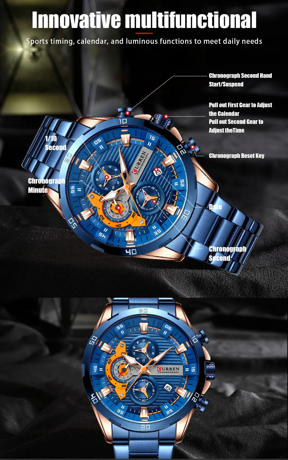 Men's Sports Watch - Full Steel Waterproof Chronograph Quartz
