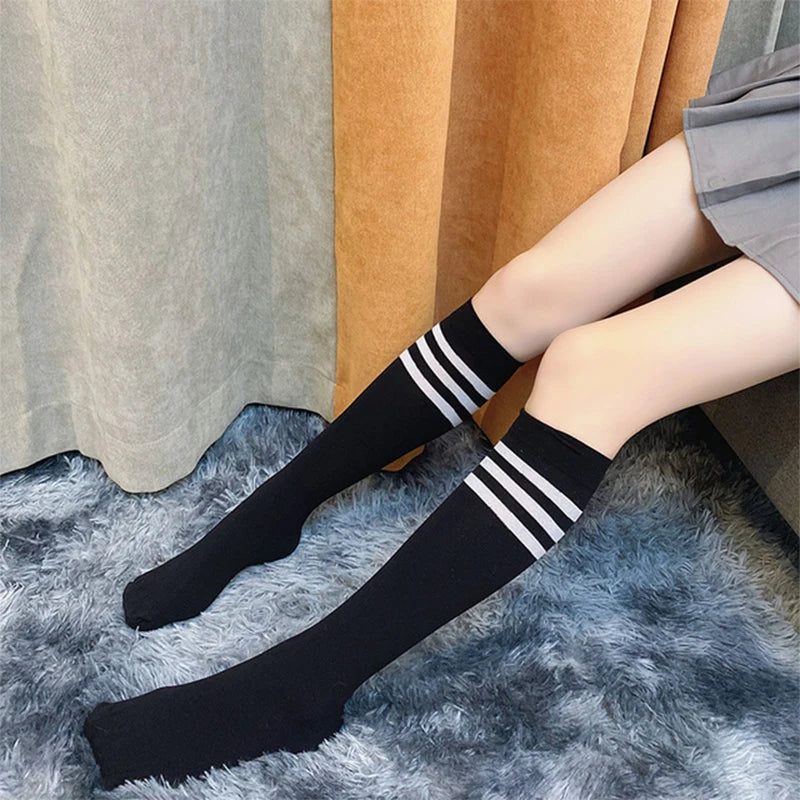 Women's Black White Striped Long Socks - Over Knee Thigh High Over The Knee Stockings Warm Knee Socks