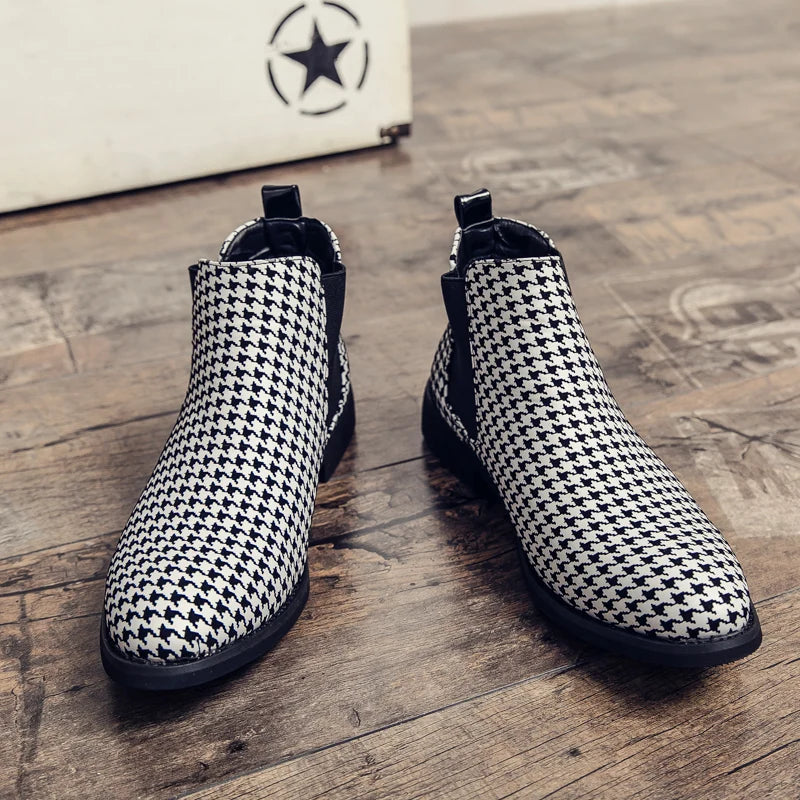 Men's Houndstooth Ankle Boots - Leather Buckle Dress Shoes
