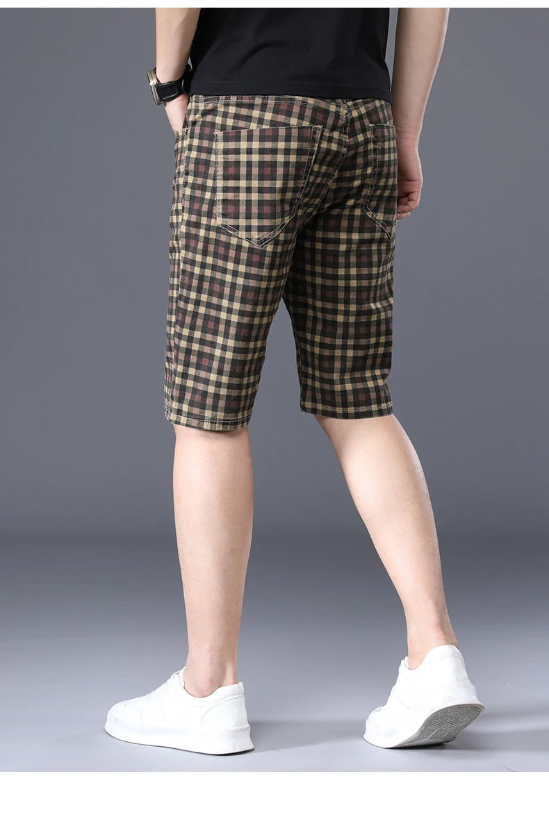 Men's Thin Plaid Shorts Men Knee Length Pants Straight Beach Short 98%Cotton Blue Plaid Patchwork Pant Male