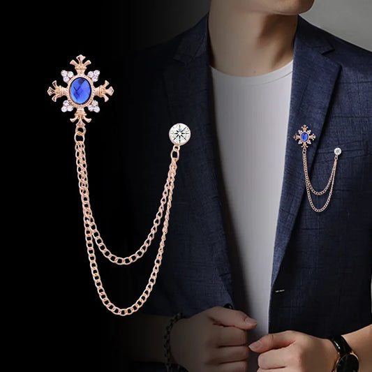 Unisex Rhinestone Cross Brooch Crystal Tassel Chain Lapel Pins Shirt Collar Badge Jewellery Accessories