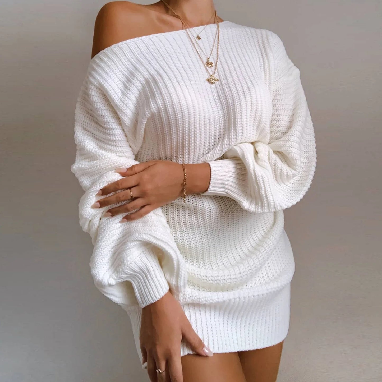 Women's Knitted Mini Sweater Dress - Long Sleeve Knitwear Dress