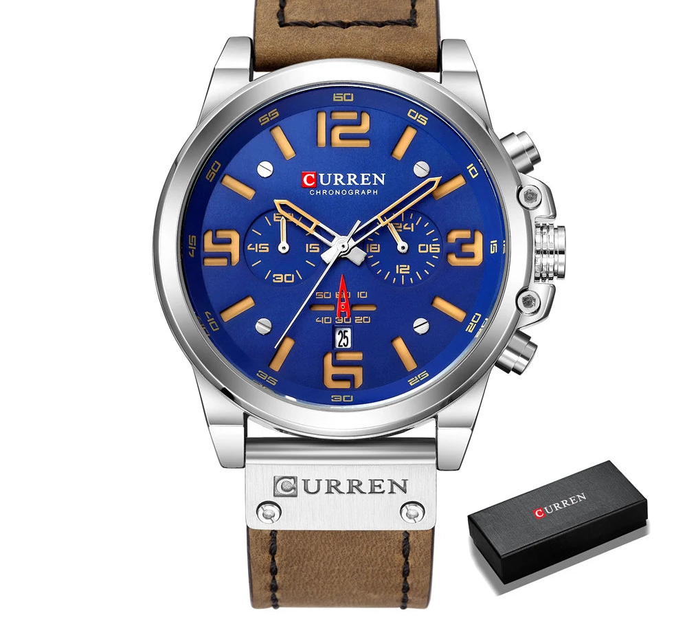 Men's Military Sports Watch - Chronograph Waterproof with Genuine Leather Strap