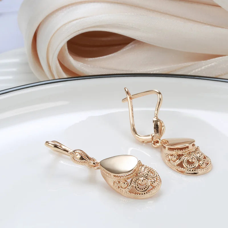 Glossy Water Retro Drop Earrings for Women 585 Rose Gold Colour