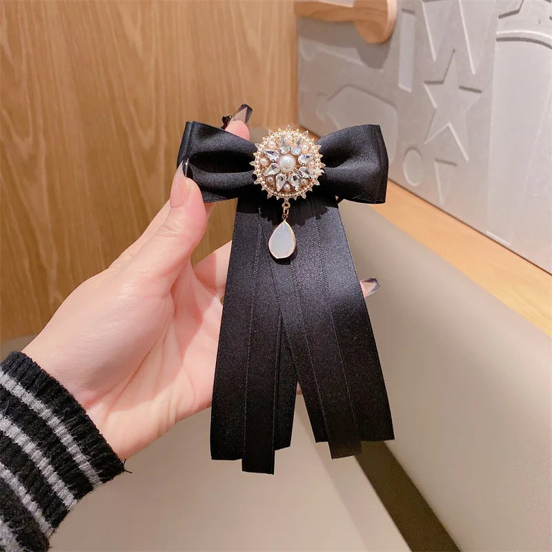 Ribbon Fabric Bow Tie Brooch - Crystal College Style Collar Pin