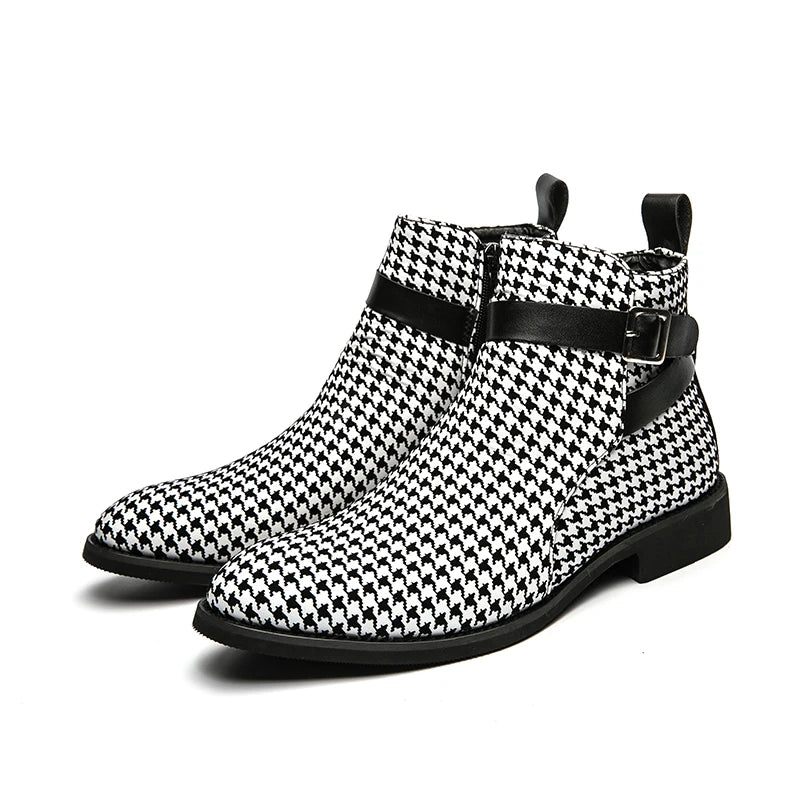 Men's Houndstooth Ankle Boots - Leather Buckle Dress Shoes