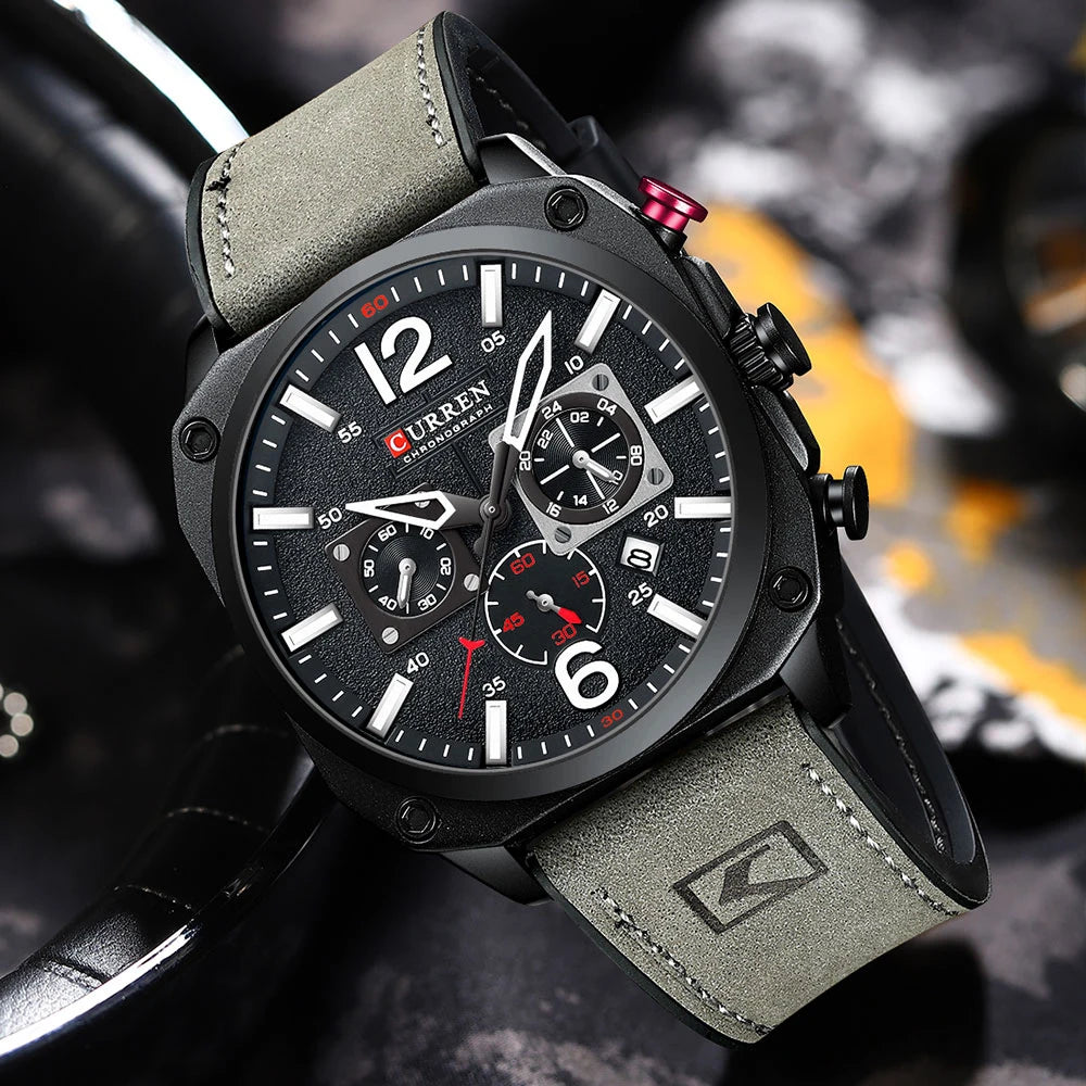 Men's Military Sports Watch - Leather Strap Chronograph Quartz