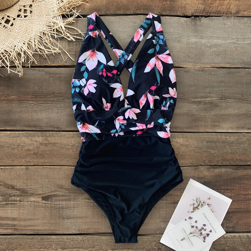 Women's One-piece Swimsuit  Deep V neck Back Cutout Ruffle Summer Swimwear