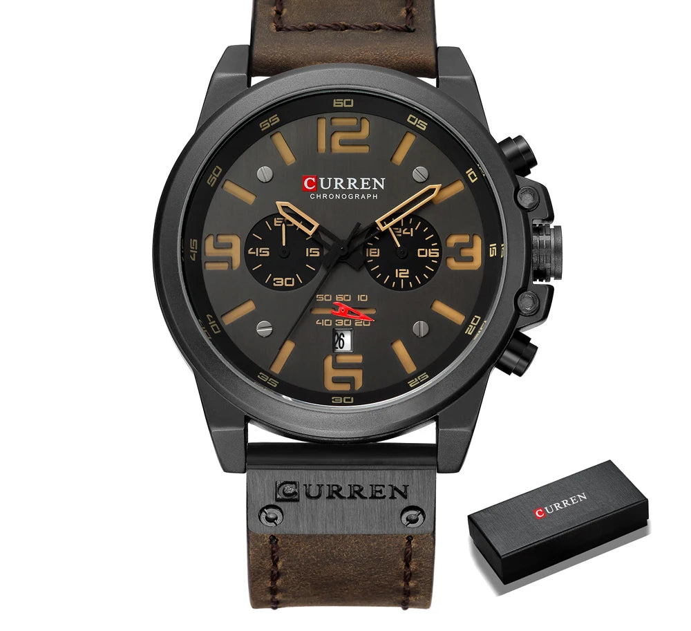 Men's Military Sports Watch - Chronograph Waterproof with Genuine Leather Strap