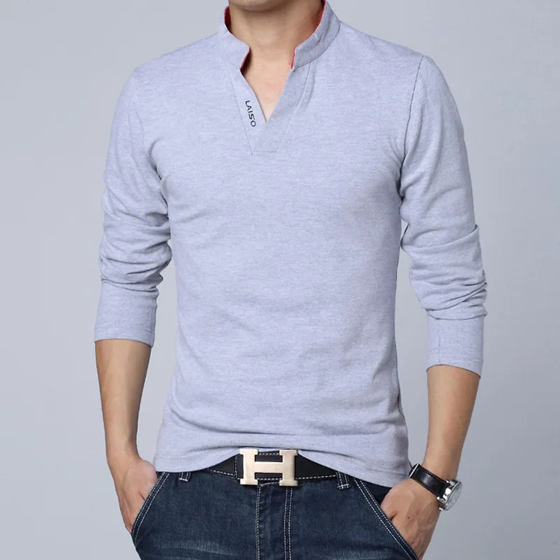 Men's Cotton t Mandarin Collar Long Sleeve T-Shirt
