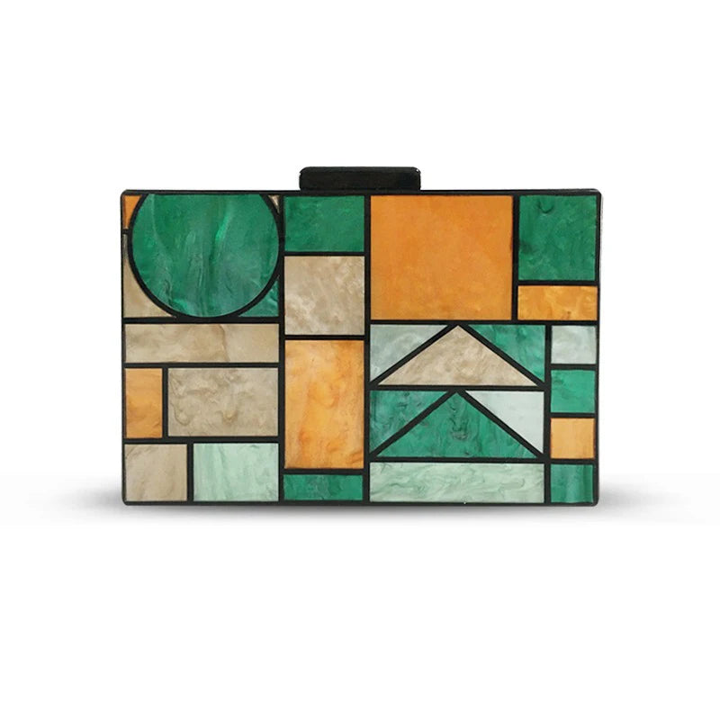 Luxury Acrylic Evening Bag - Chic Multicolour Patchwork Crossbody Clutch with Chain