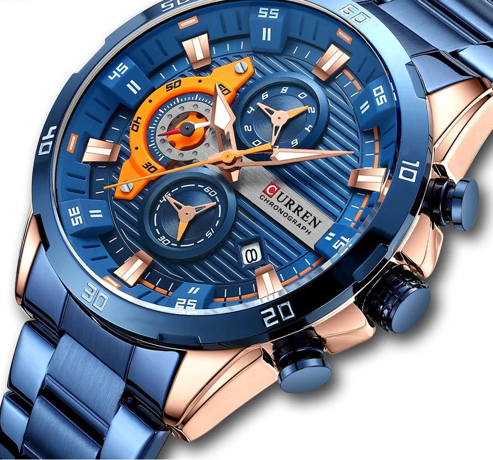 Men's Sports Watch - Full Steel Waterproof Chronograph Quartz