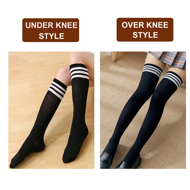 Women's Black White Striped Long Socks - Over Knee Thigh High Over The Knee Stockings Warm Knee Socks