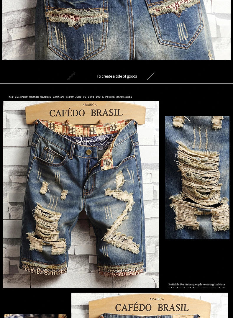 Men's Hole Ripped Denim Shorts