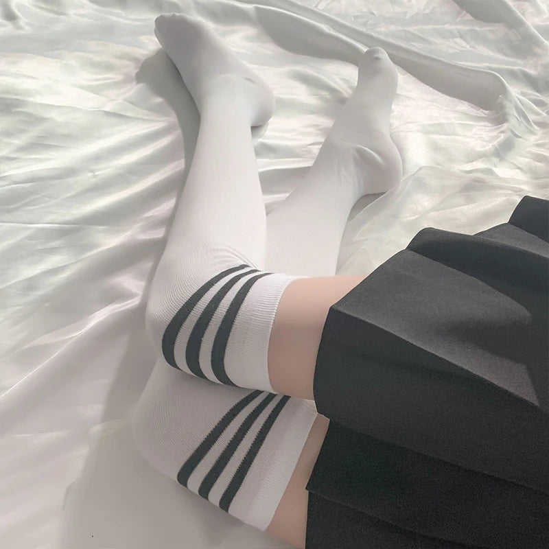 Women's Black White Striped Long Socks - Over Knee Thigh High Over The Knee Stockings Warm Knee Socks