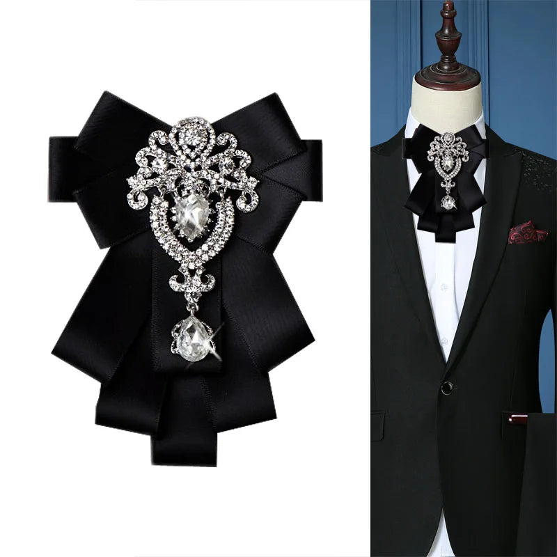 Men's Shirt Necktie Ribbon Bowtie Brooches Rhinestone Crystal  Collar Pins Brooch