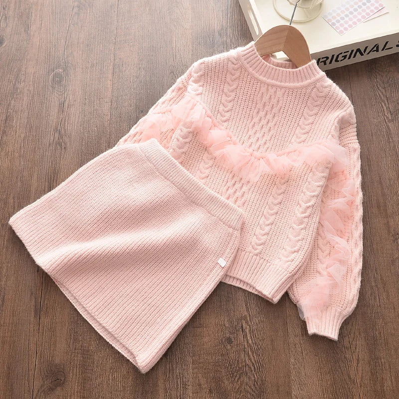 Girl's Knitted Sweater Top and Ruffles Skirt