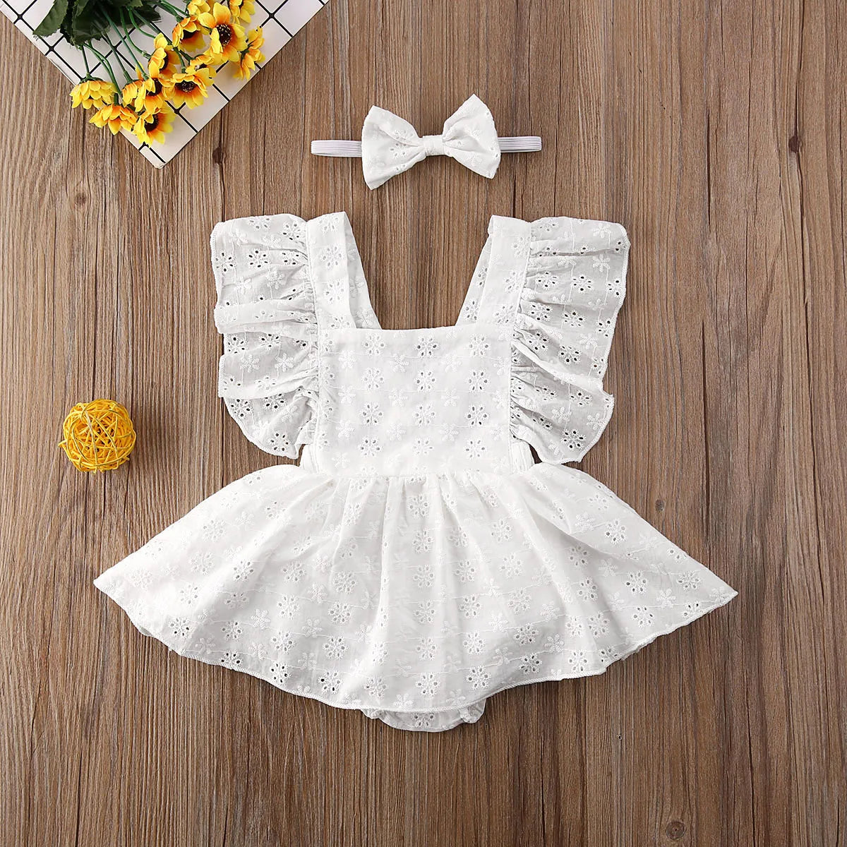 2PCS Newborn Kids Baby Girl Romper Clothes Lace Ruffles Sleeve Romper Dress - Floral Jumpsuit Headband Outfit