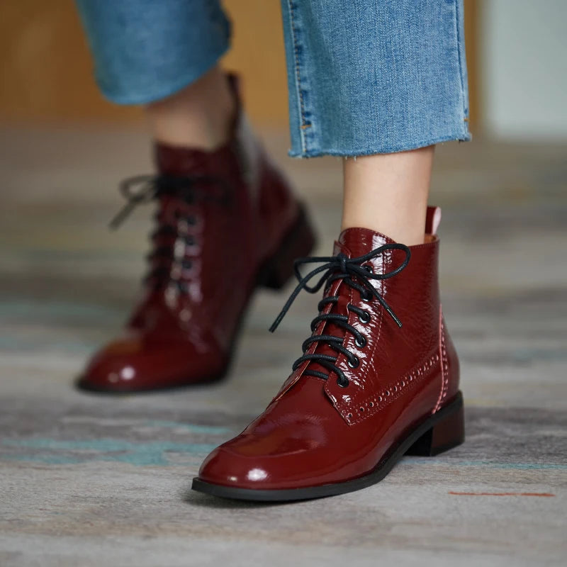 Women's Genuine Leather Round Toe Lace Up Ankle Boots