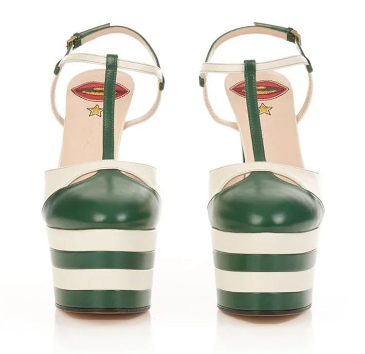 Women's Leather Platform Sandals - Wedge Heel Rivet T-Strap Sandals