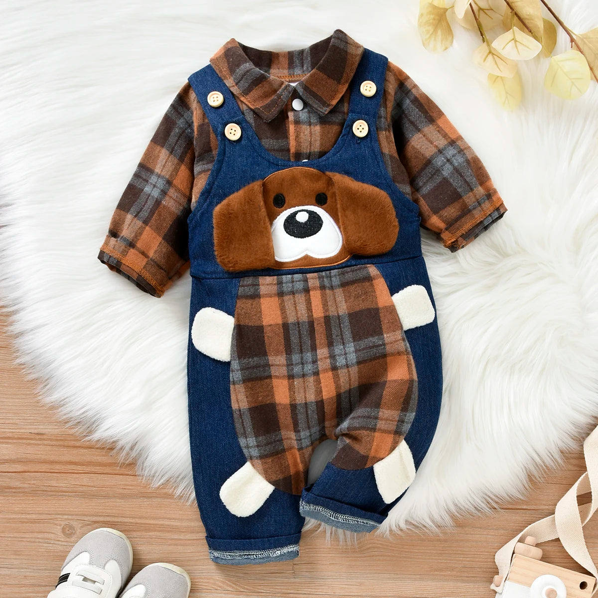 Baby Boys Gentleman Clothes Set 2pcs - Plaid Printed Shirts Romper Babygrow Cartoon Bear Overalls Pants