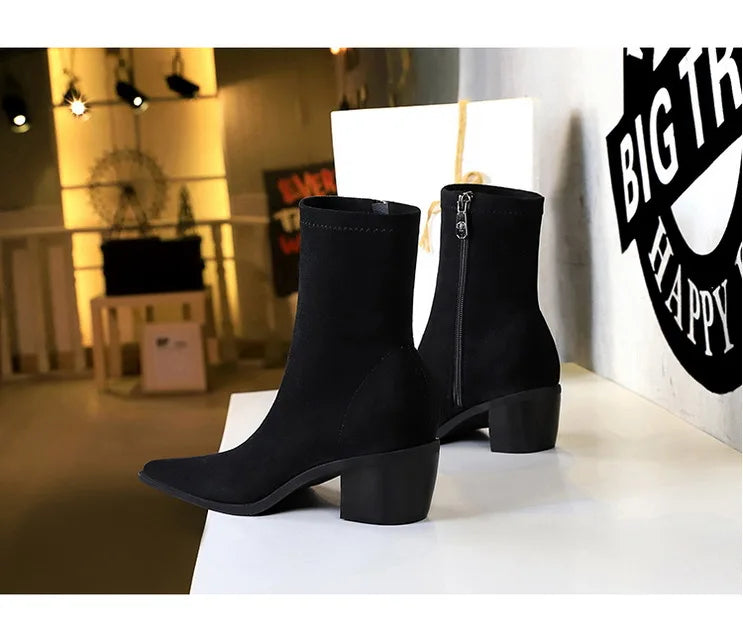 Suede Ankle Boots - Pointed Toe Thick Heel Autumn Boots for Women