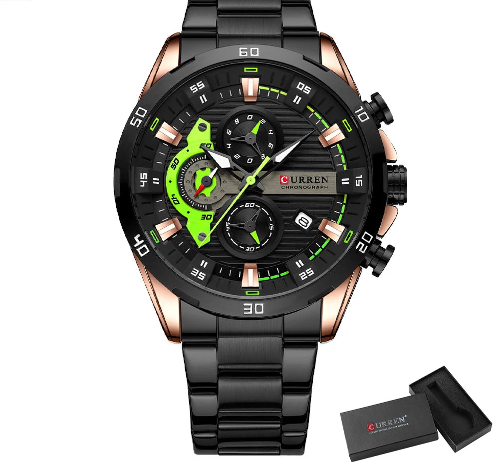 Men's Sports Watch - Full Steel Waterproof Chronograph Quartz