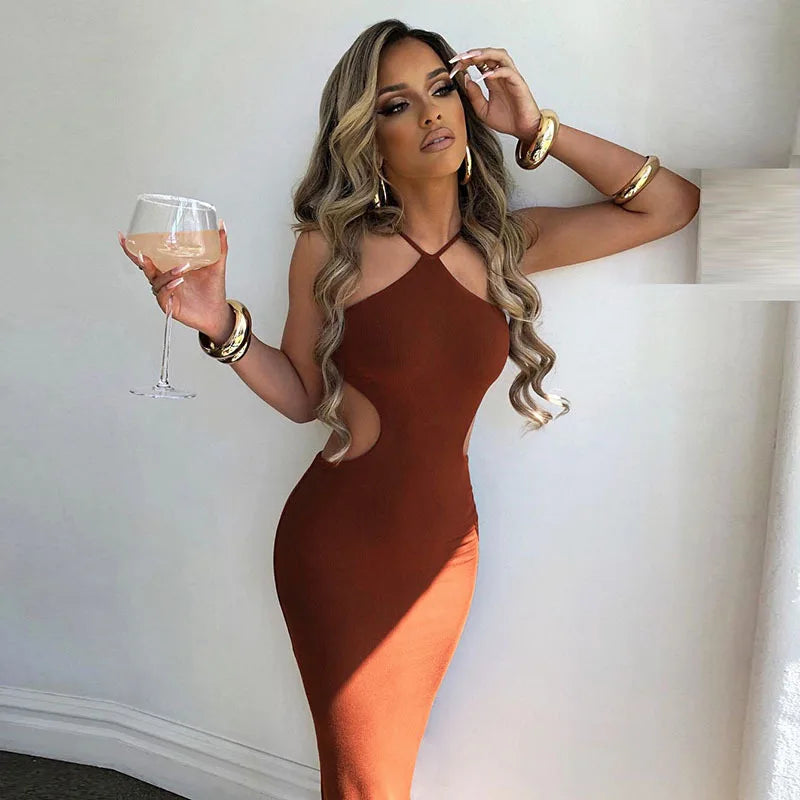 Women's Halter Maxi Sleeveless Backless Party Cutout Bandage Dress