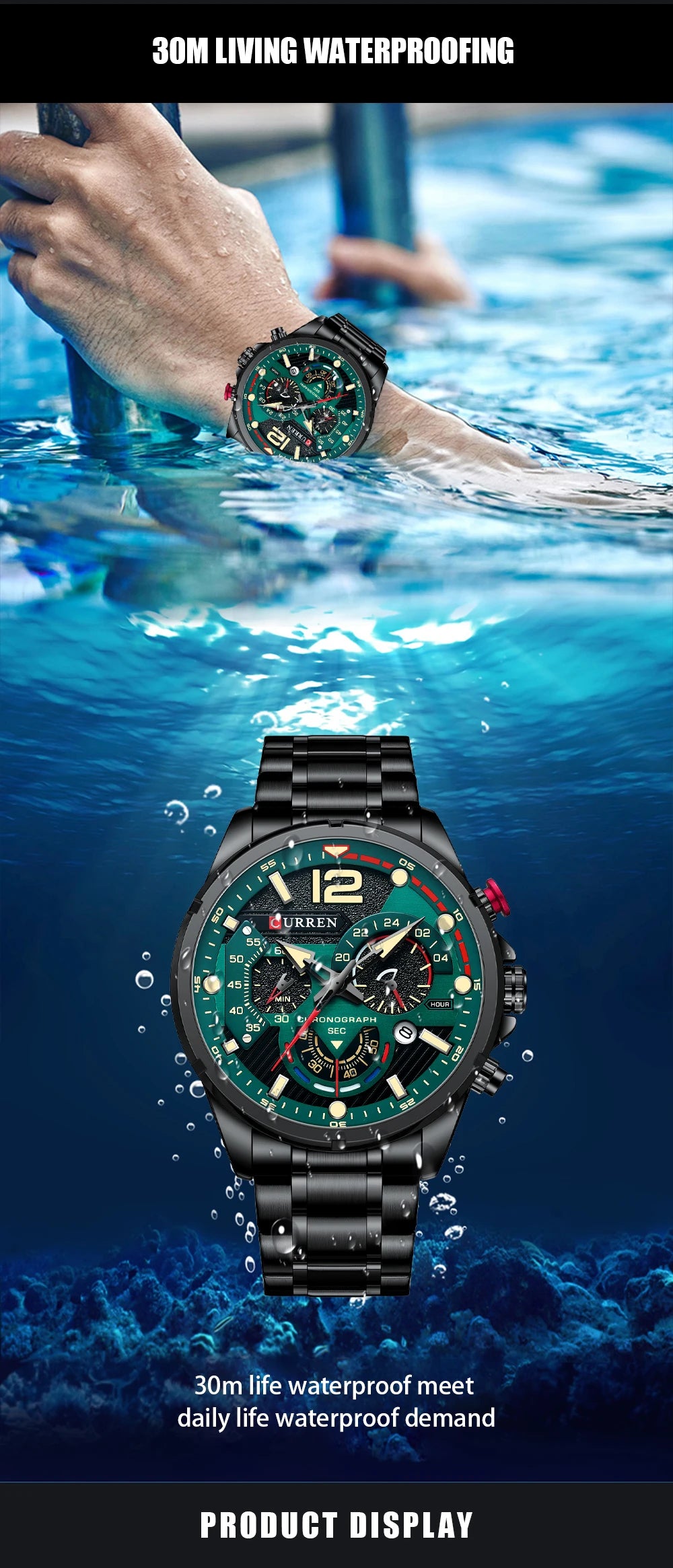 Premium Green Stainless Steel Quartz Watch - Waterproof Sport Chronograph